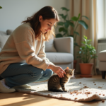Femme avec chat devant pot cassé dans le salon lumineux