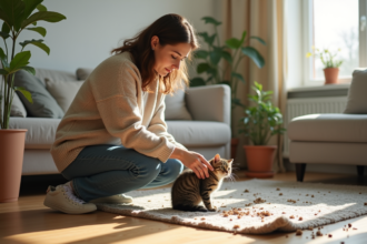 Femme avec chat devant pot cassé dans le salon lumineux