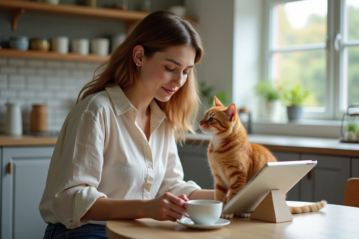 Jeune femme et son chat roux consultant une tablette dans une cuisine lumineuse, symbolisant les bons réflexes de sécurité en ligne pour les propriétaires de chats