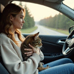 Jeune femme avec chat dans la voiture lors d'un road trip