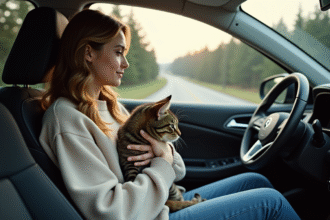 Jeune femme avec chat dans la voiture lors d'un road trip