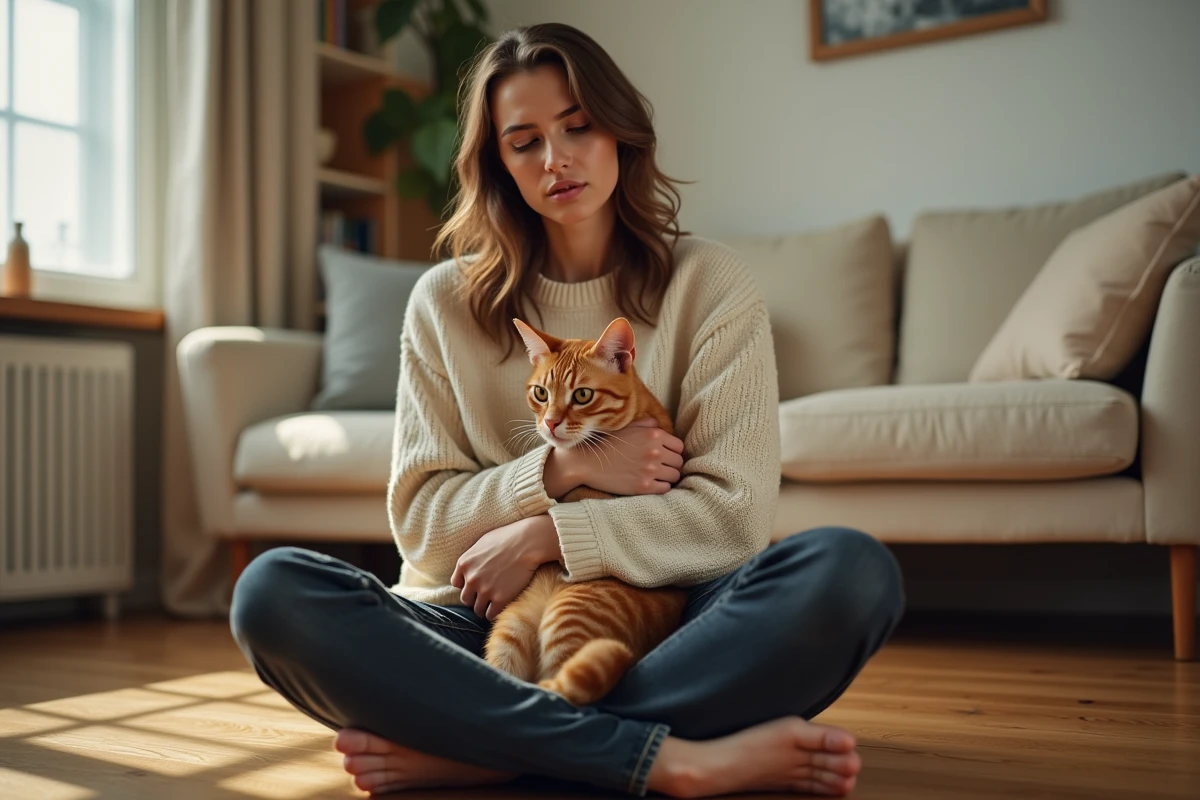 Femme tenant une chatte en chaleur vocalisant dans un salon, illustrant la gestion du comportement félin
