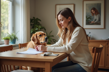 Femme souriante avec chien golden retriever dans un intérieur chaleureux