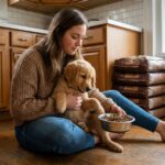 Femme avec chien dans la cuisine chaleureuse