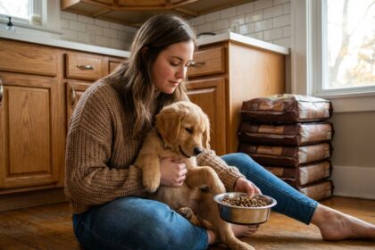 Femme avec chien dans la cuisine chaleureuse