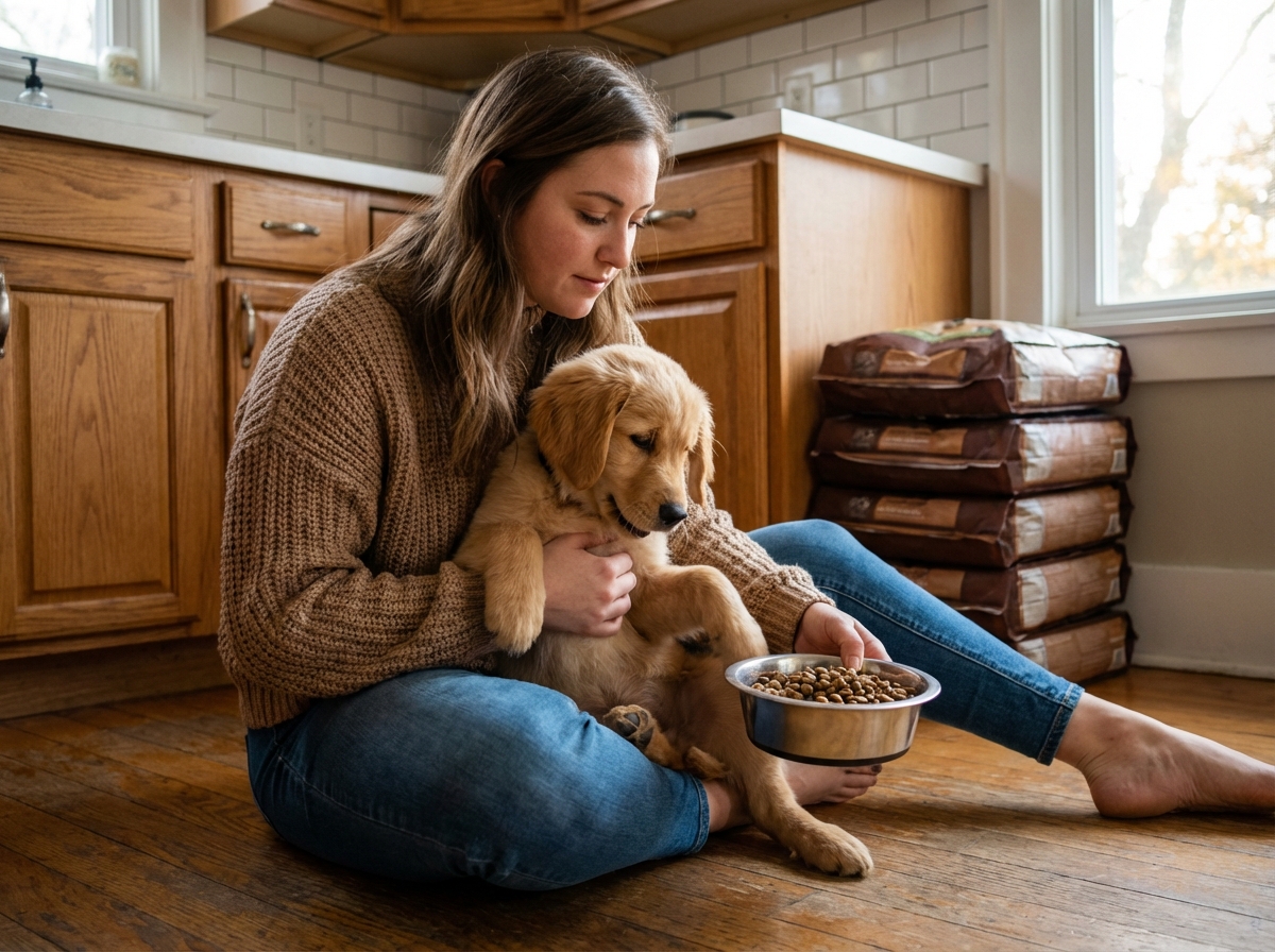 Femme avec chien dans la cuisine chaleureuse