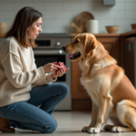 Femme offrant de la viande à un chien dans la cuisine