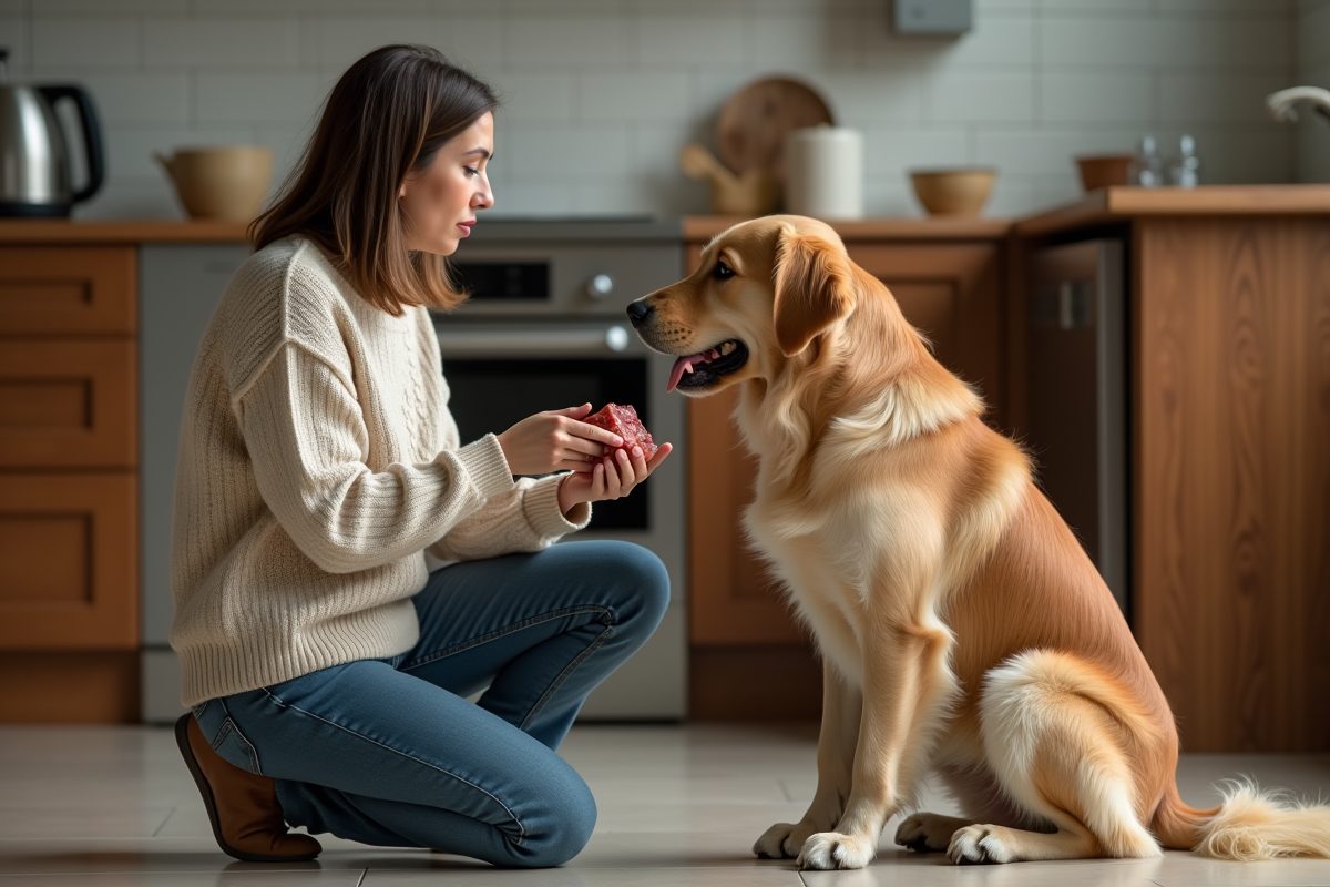 Femme offrant de la viande à un chien dans la cuisine