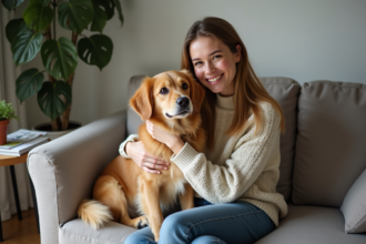 Jeune femme avec son chien golden retriever dans un salon chaleureux