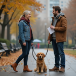 Femme avec chien dans un parc urbain en automne