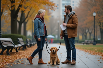 Femme avec chien dans un parc urbain en automne