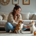 Femme souriante avec deux chihuahuas dans un salon moderne