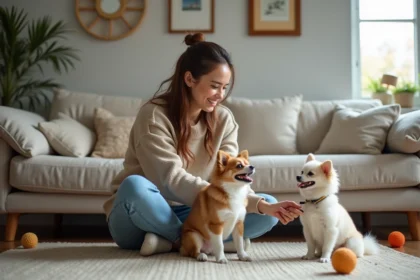 Femme souriante avec deux chihuahuas dans un salon moderne