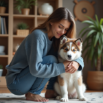 Jeune femme avec chiot australien husky dans un salon chaleureux