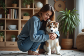 Jeune femme avec chiot australien husky dans un salon chaleureux