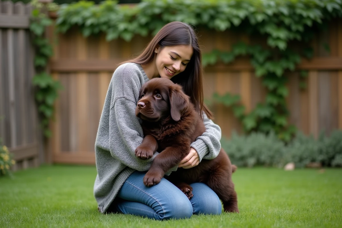 Jeune femme tenant dans ses bras un chiot Terre Neuve brun dans un jardin verdoyant