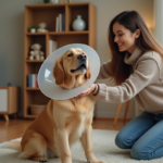 Femme posant un collier plastique autour du chien dans un salon