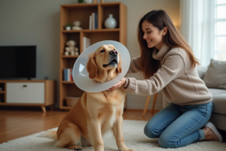 Femme posant un collier plastique autour du chien dans un salon