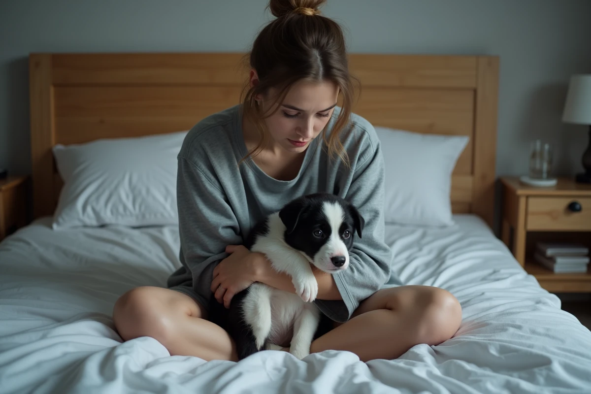 Jeune femme qui console son chiot en pleurs dans sa chambre la nuit
