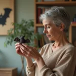 Femme contemplant une figurine de chauve-souris dans son salon