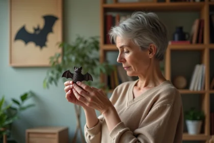 Femme contemplant une figurine de chauve-souris dans son salon
