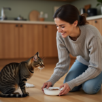 Femme souriante avec son chat dans la cuisine chaleureuse