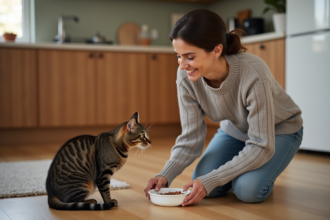 Femme souriante avec son chat dans la cuisine chaleureuse