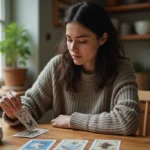 Femme dessinant une carte de tarot animal totem dans une cuisine chaleureuse