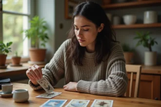 Femme dessinant une carte de tarot animal totem dans une cuisine chaleureuse