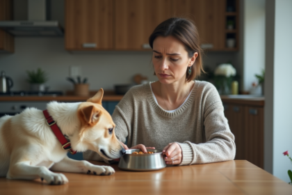Femme inquiète donnant à manger à son chien à la maison