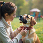 Jeune femme attachant un collier moderne à son chien dans un parc
