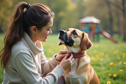 Jeune femme attachant un collier moderne à son chien dans un parc