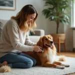 Femme caressant un tequel dans le salon chaleureux