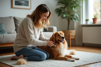 Femme caressant un tequel dans le salon chaleureux