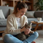 Jeune femme avec Down syndrome caressant un chat dans un salon