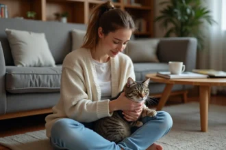 Jeune femme avec Down syndrome caressant un chat dans un salon