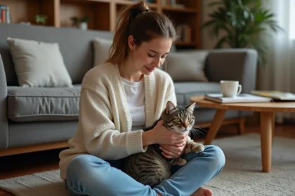 Jeune femme avec Down syndrome caressant un chat dans un salon