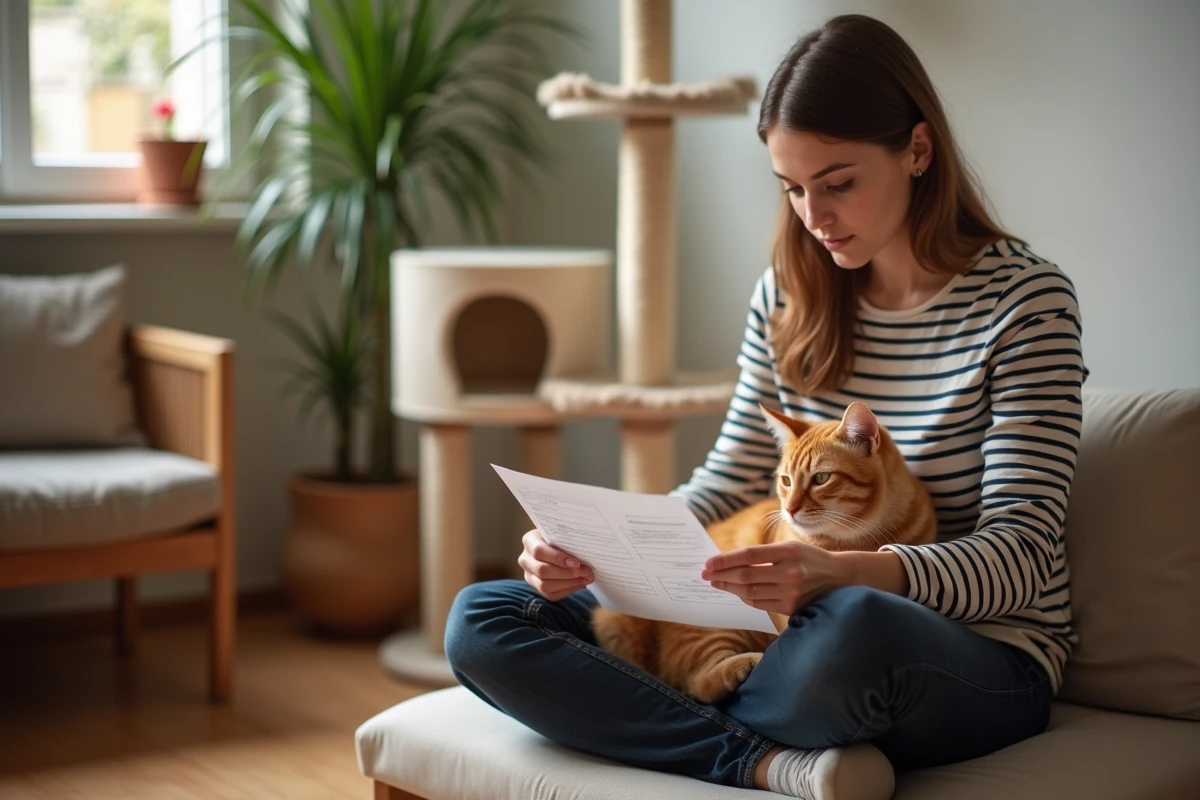 Jeune femme lisant un formulaire d'adoption dans une salle de socialisation d'un refuge pour chats à Grenoble