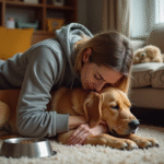 Femme inquiète tenant son chien golden retriever malade