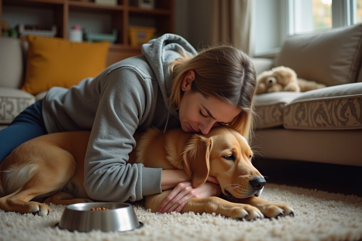 Femme inquiète tenant son chien golden retriever malade