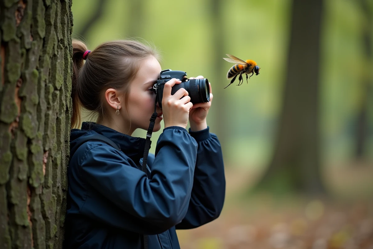 Jeune femme prenant une macro d’un insecte sur un arbre