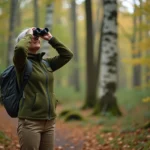 Femme utilisant des jumelles pour observer les oiseaux dans une forêt de feuillus en automne
