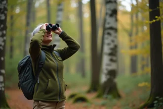 Femme utilisant des jumelles pour observer les oiseaux dans une forêt de feuillus en automne