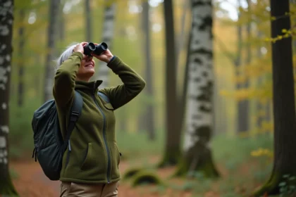 Femme utilisant des jumelles pour observer les oiseaux dans une forêt de feuillus en automne