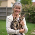 Femme souriante tenant deux chatons tigrés dans un jardin provençal