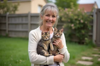 Femme souriante tenant deux chatons tigrés dans un jardin provençal