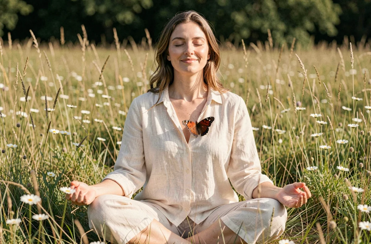 Femme en méditation dans une prairie avec un papillon rouge et noir sur son chakra du cœur, illustrant la connexion émotionnelle et spirituelle