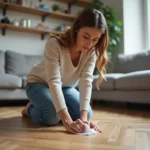 Femme examinant des taches sur le parquet dans un salon