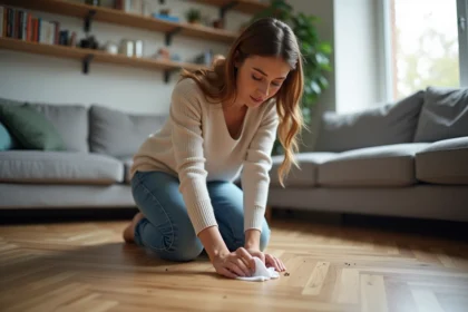 Femme examinant des taches sur le parquet dans un salon