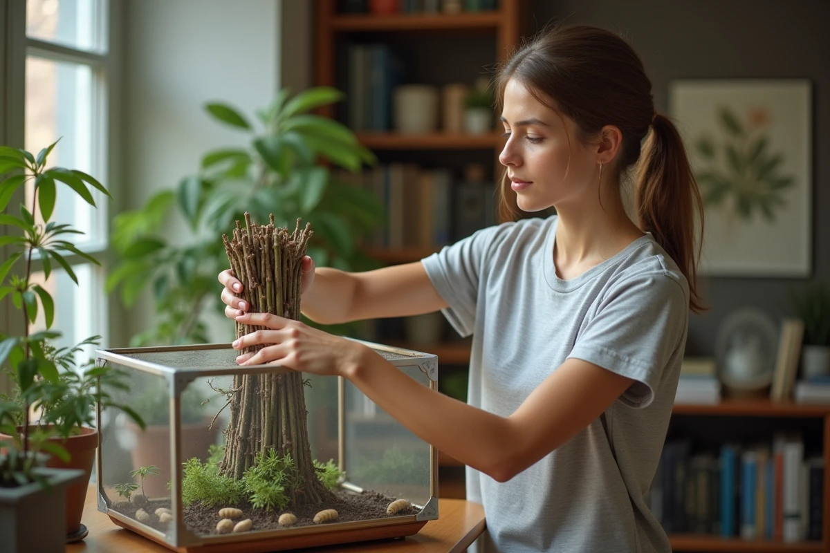 Femme plaçant des branches feuillues fraîches dans un enclos grillagé pour nourrir ses chenilles en captivité